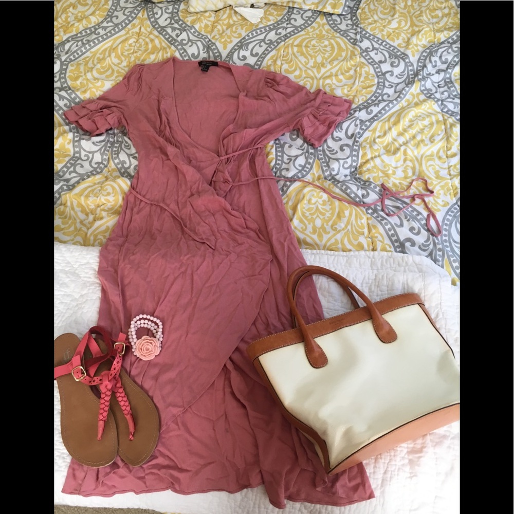 Pink wrap dress with ruffle sleeves
